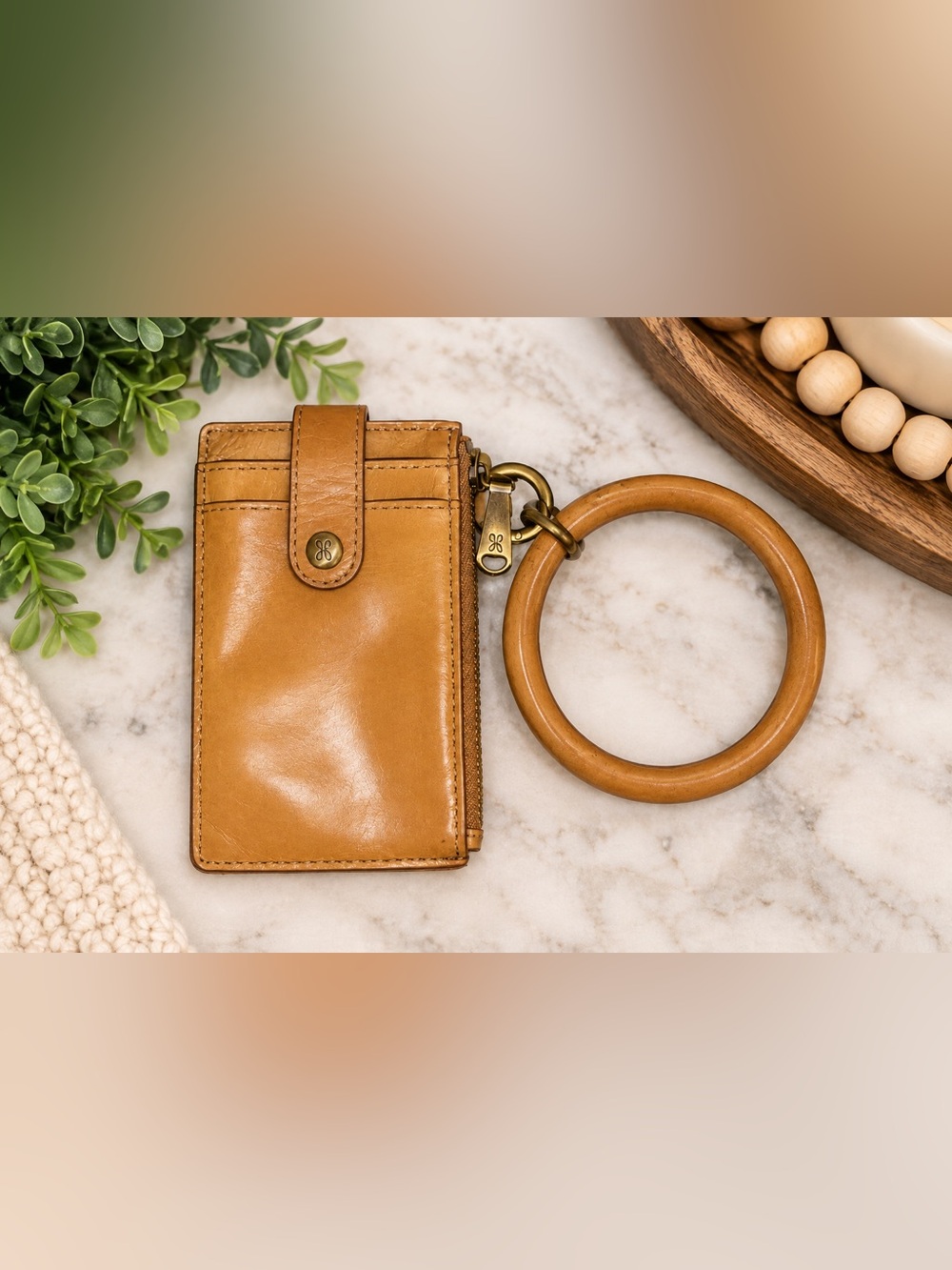 HOBO Cognac Leather Wristlet Card Holder with Bangle Handle